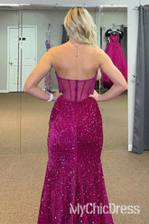 Fuchsia Sequins Strapless Prom Dress Corset Mermaid Sweetheart Mychicdress